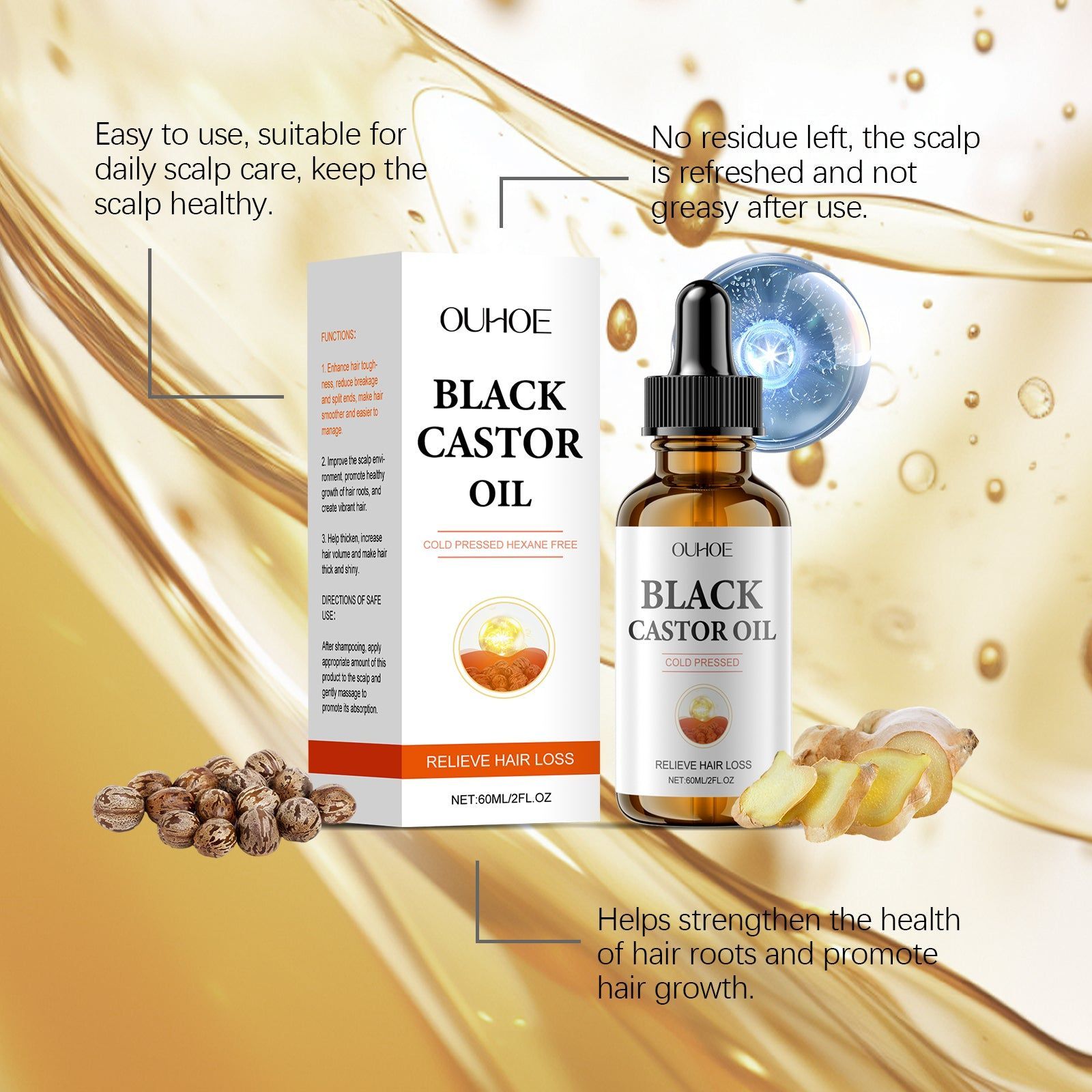 Black Castor Hair Care Oil for Nourishing Scalp, Strengthening Hair, Moisturizing, Hair Growth, Natural Hair Care ,60ml