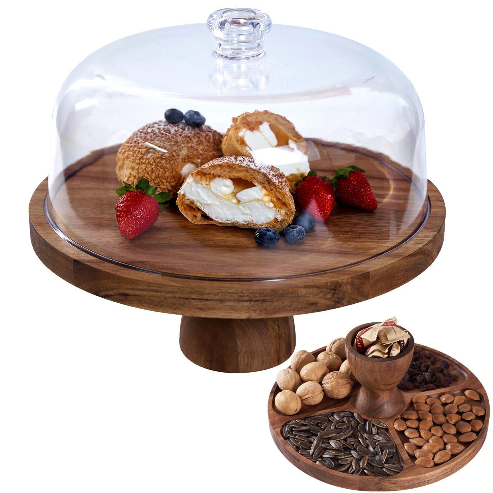 Cake Stand with Acrylic Lid Solid Wood Fruit Snack Tray Wooden High Foot Cake Plate