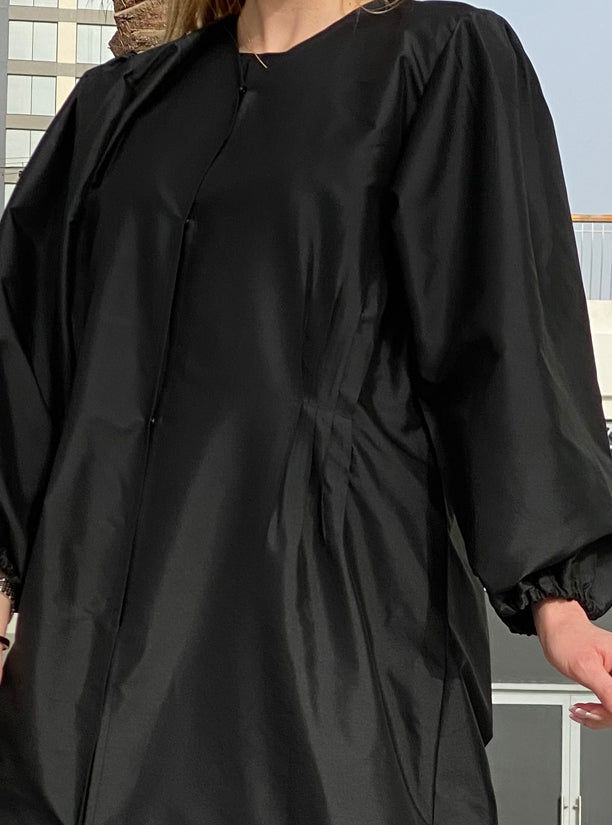 MOiSTREET Victoria Satin Bubble Sleeves & Gather Details Black Abaya Set with Under Dress & Sheila