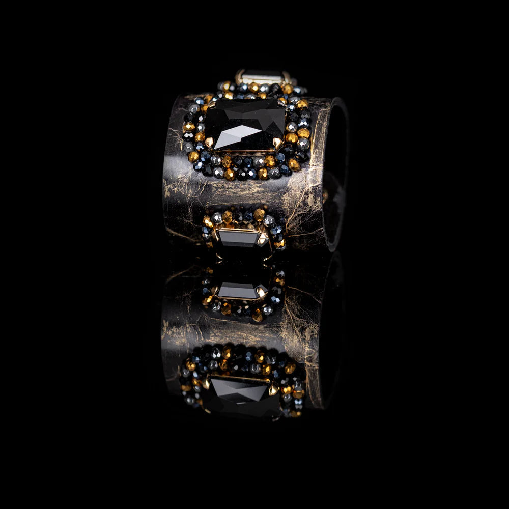 The Dark Black Crystal Embellished Leather Statement Cuff Bracelet
