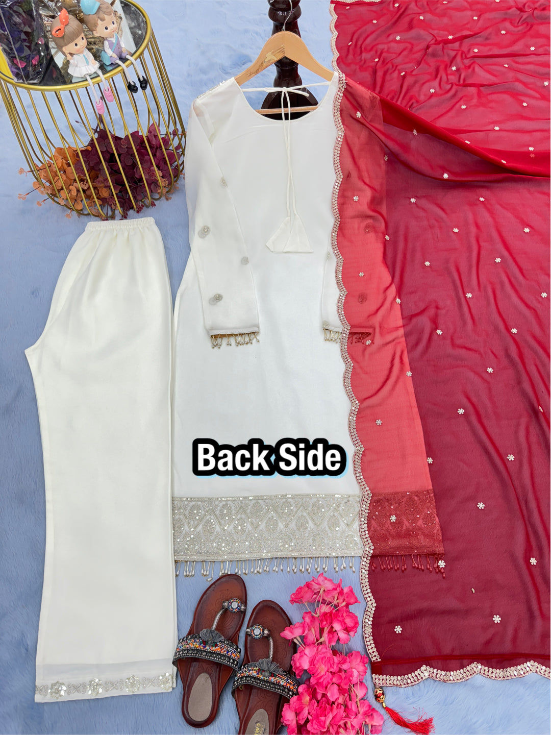 Fab Zone Designer Party Wear Look Heavy Faux Georgette Top Plazzo & Dupatta Set