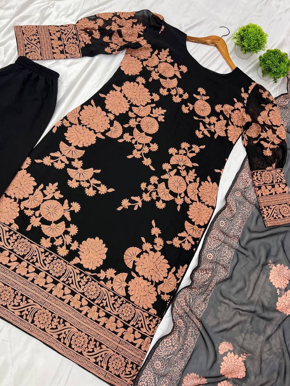 Fab Zone Designer Party Wear Look Top-Bottom And Dupatta With Embroidery Work