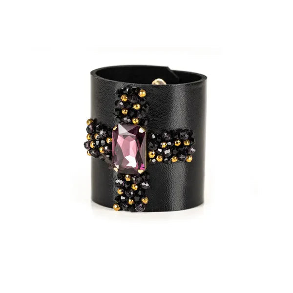 The Dark Black Leather Crystal Cuff Bracelet with Purple Gemstone and Beaded Detail Handmade Statement Bracelet