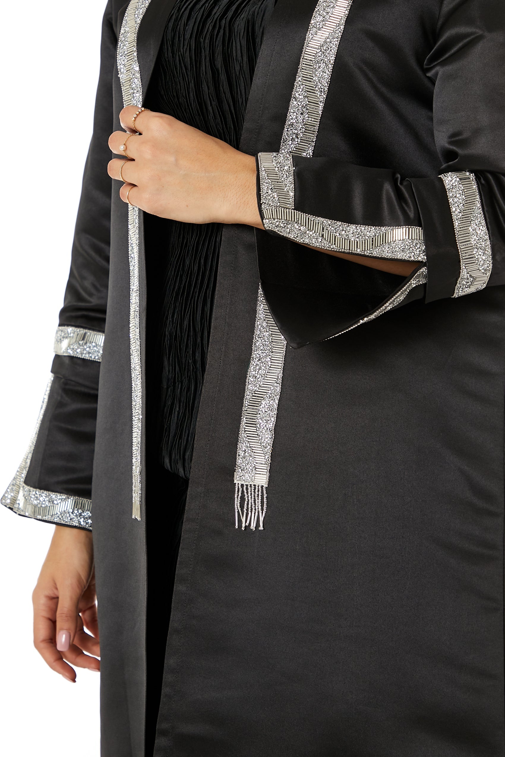 MOiSTREET Black Bridal Satin Abaya with Split Cuffs