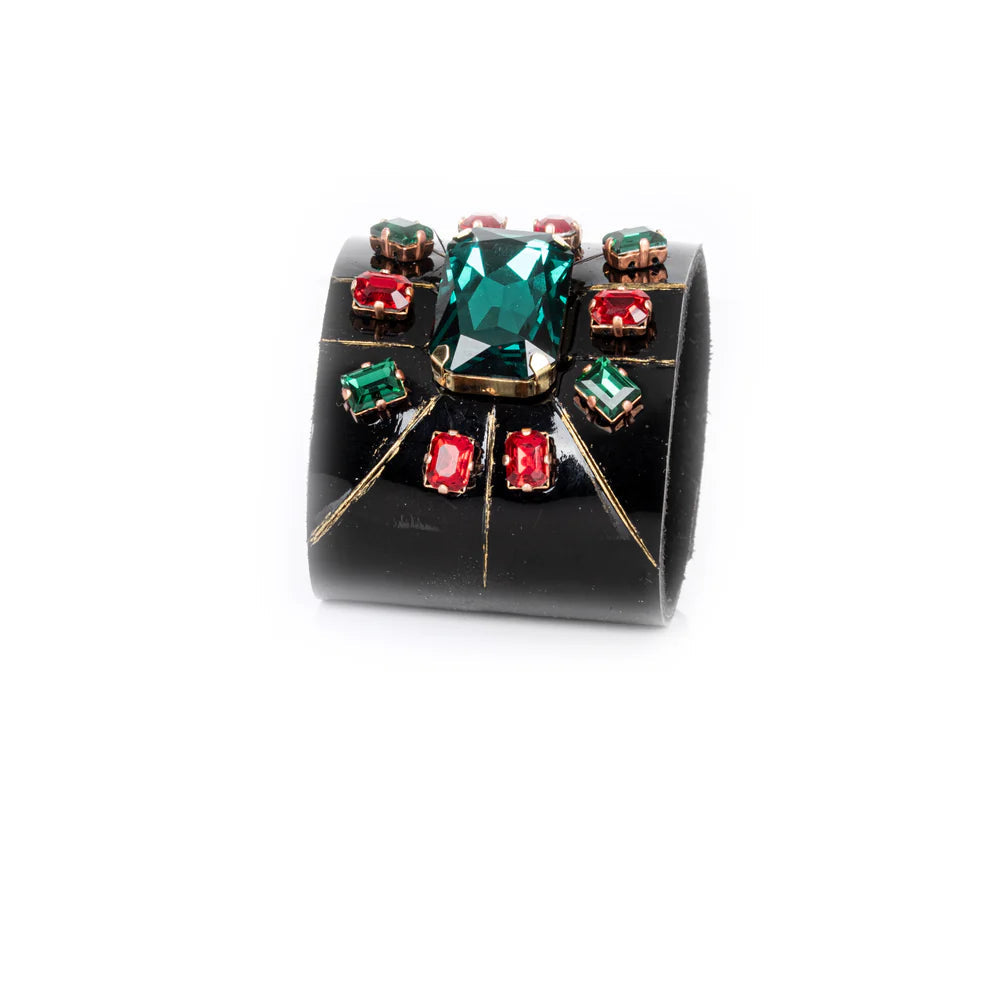 The Dark Black Leather Crystal Cuff Bracelet with Green Center Stone & Red Accents