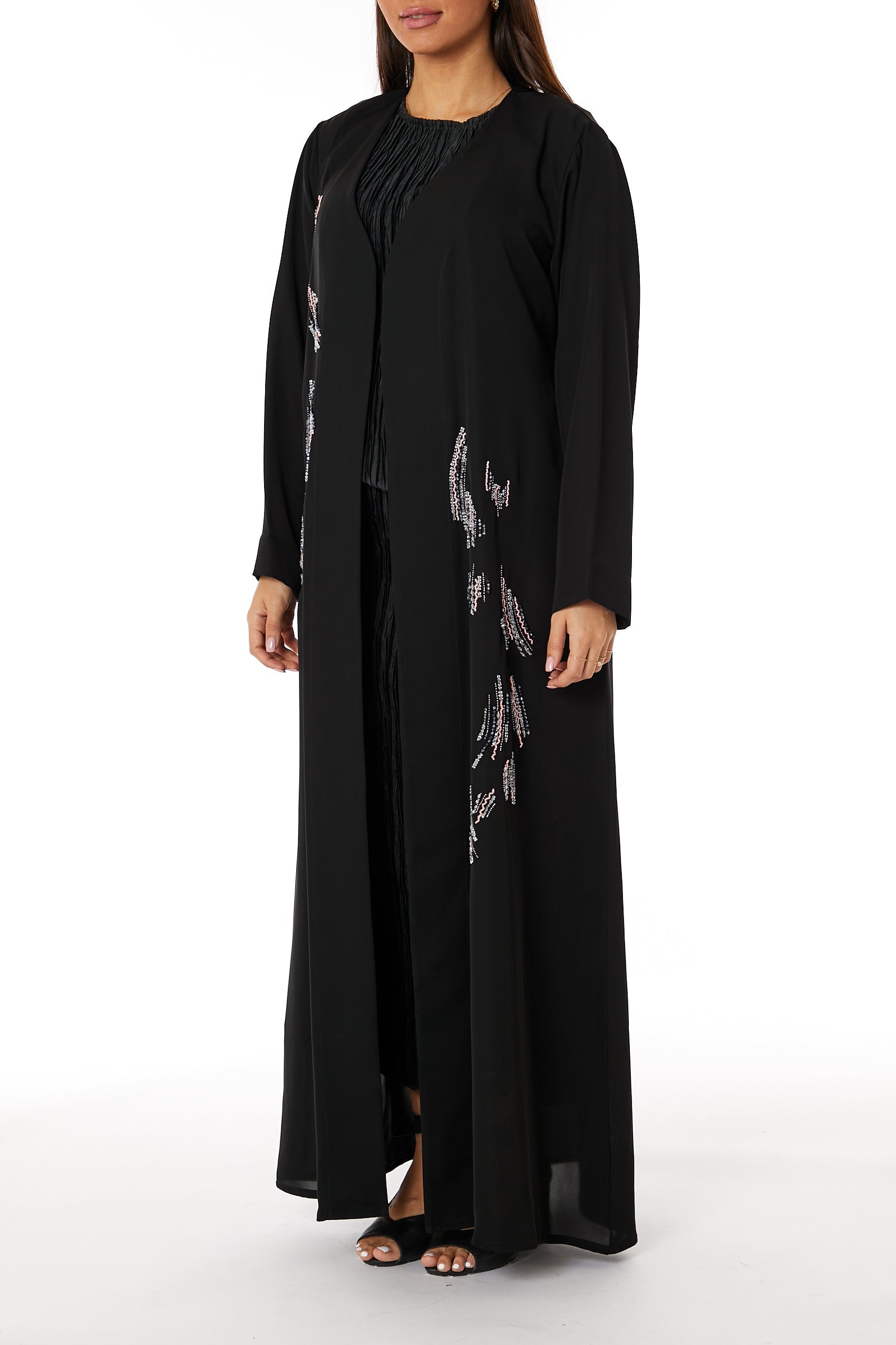 MOiSTREET Black Nida Embroidered Open Abaya
