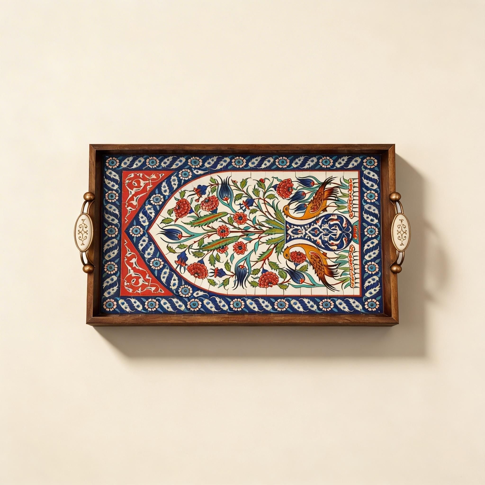 Handmade Wooden Serving Tray with Turkish Ceramic Tile Decor