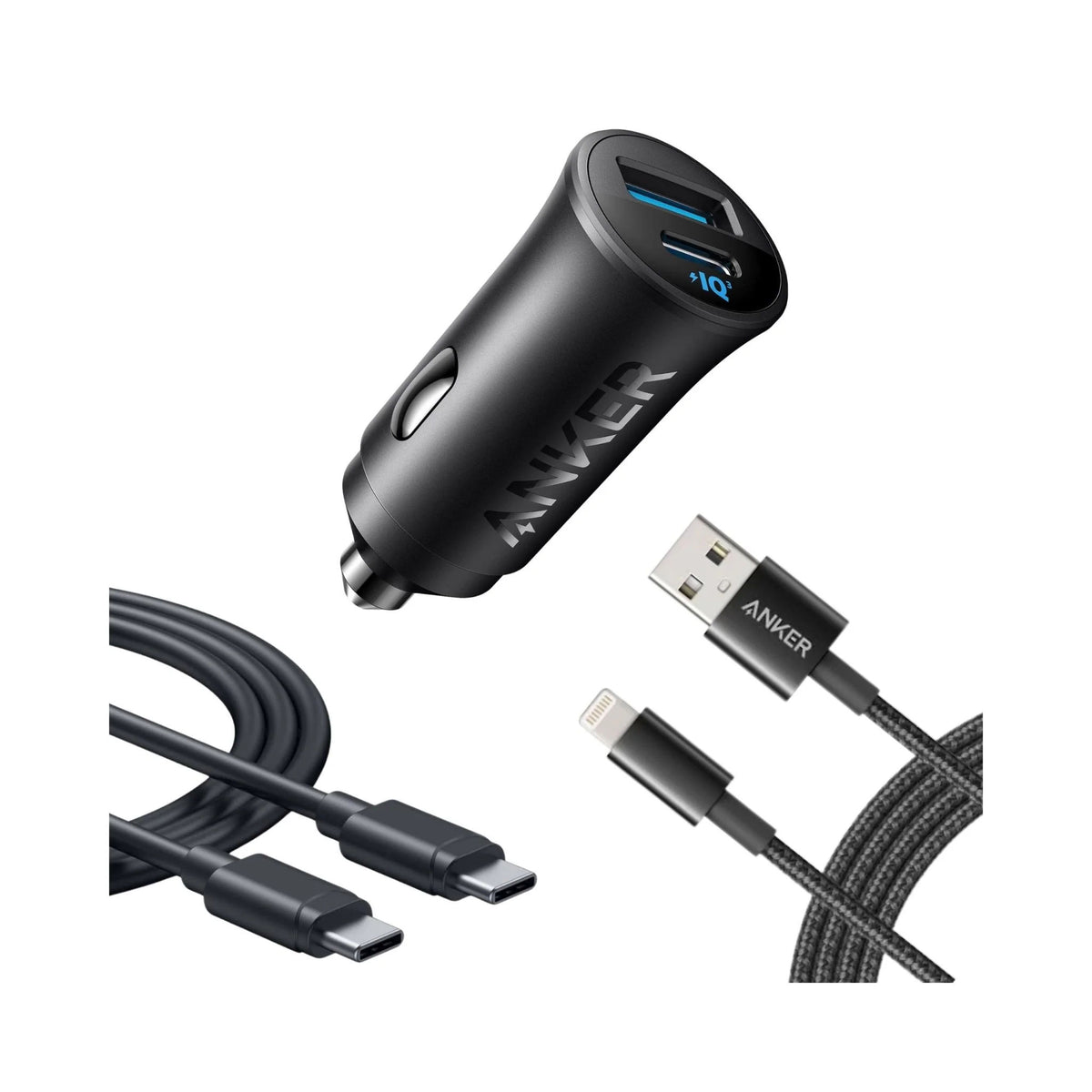 Anker ultra compact 30w car charger with USB-C & Lightning Cable
