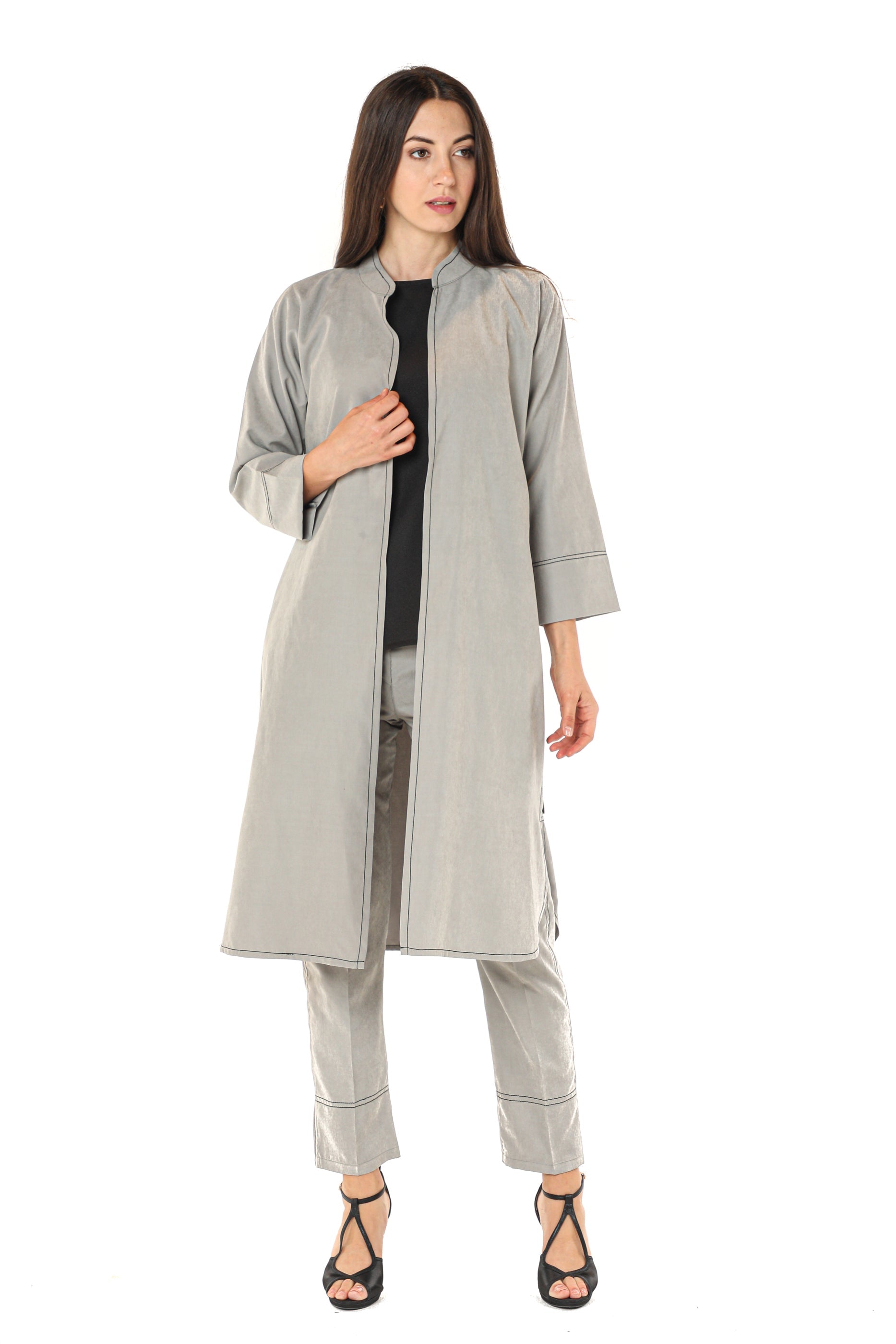 MOiSTREET Grey Shamua Fabric Jacket And Pants With Crepe Top