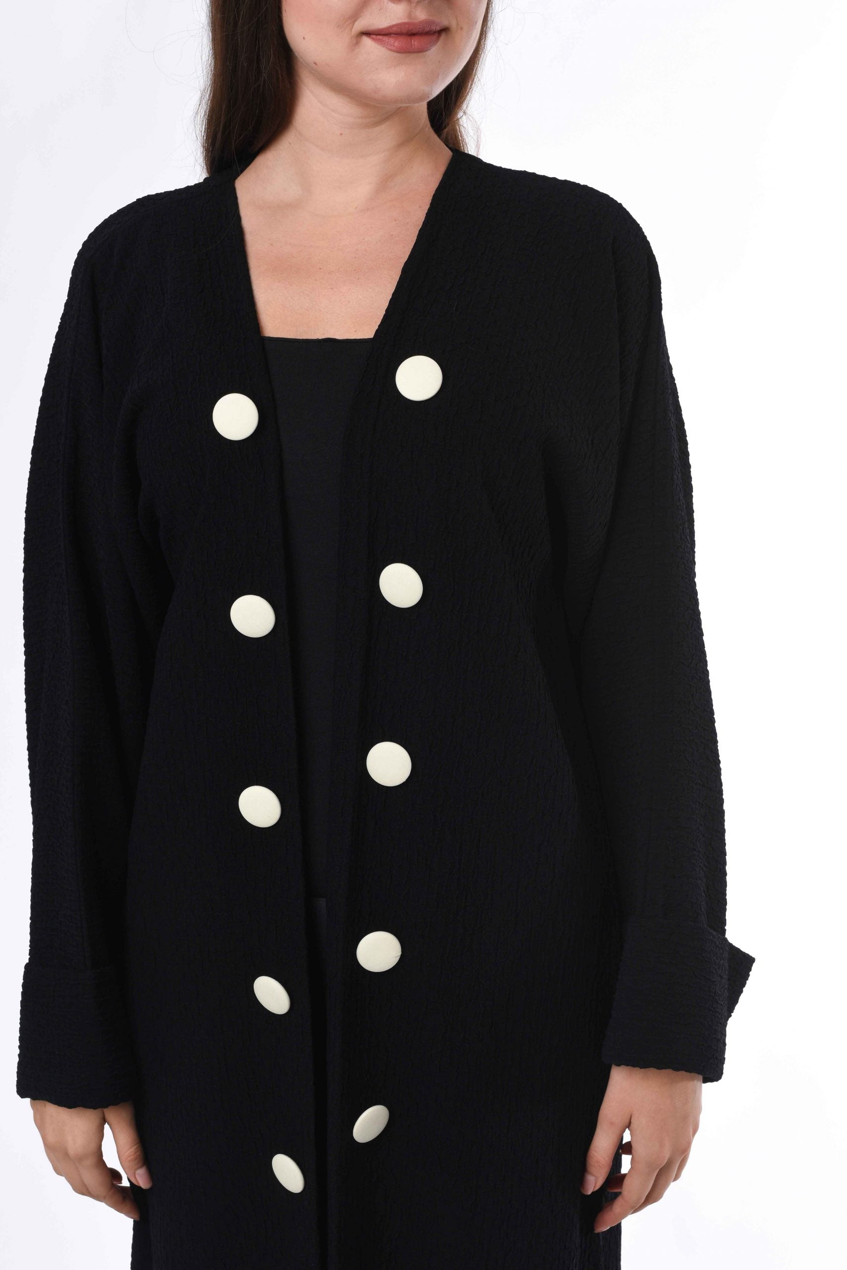 MOiSTREET Black Coat Style Abaya with White Button Detail