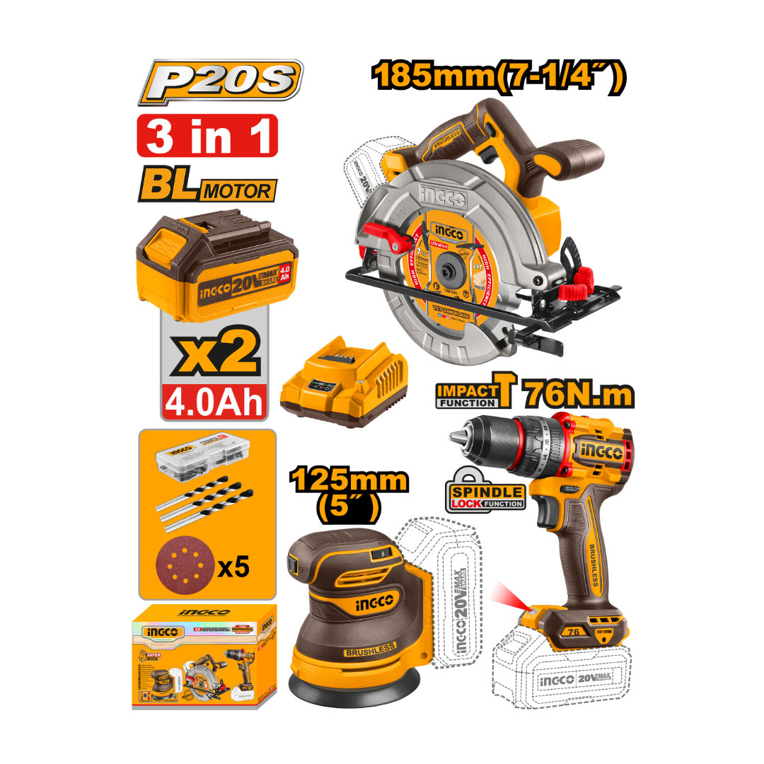 INGCO 20V Cordless 3-Pc Combo Circular Saw +  Impact Drill, Blades, Paper, 2X4.0 Ah Batteries