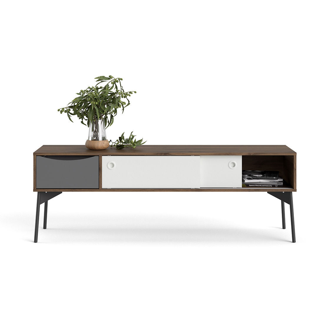 FUR TV Unit, 2 Sliding Doors, Walnut & Matt White Grey