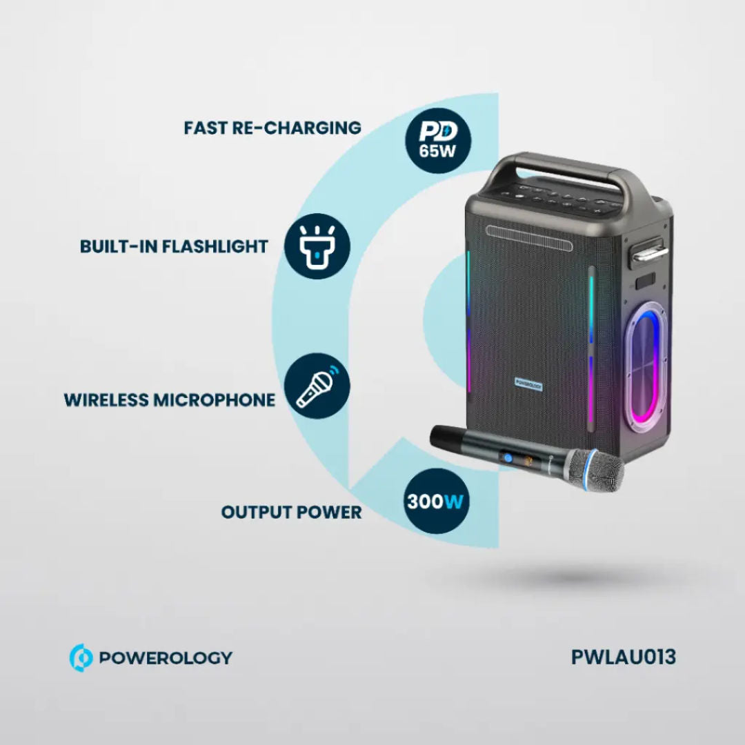 Powerology Karaoke Party Speaker, 300W Max Output, Bluetooth V5.3, 30000mAh Battery, Silver