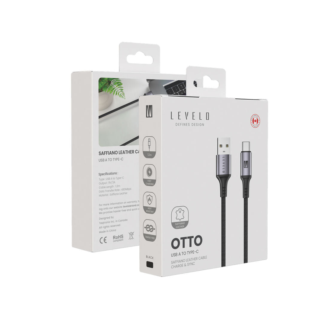 Levelo Otto USB A to C 18W Leather Cable, Black