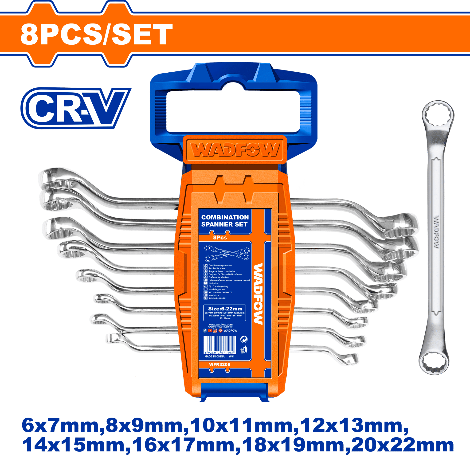 WADFOW 8-Piece Offset Ring Spanner Set, 6-22 mm, Fine Polished, Plastic Hanger