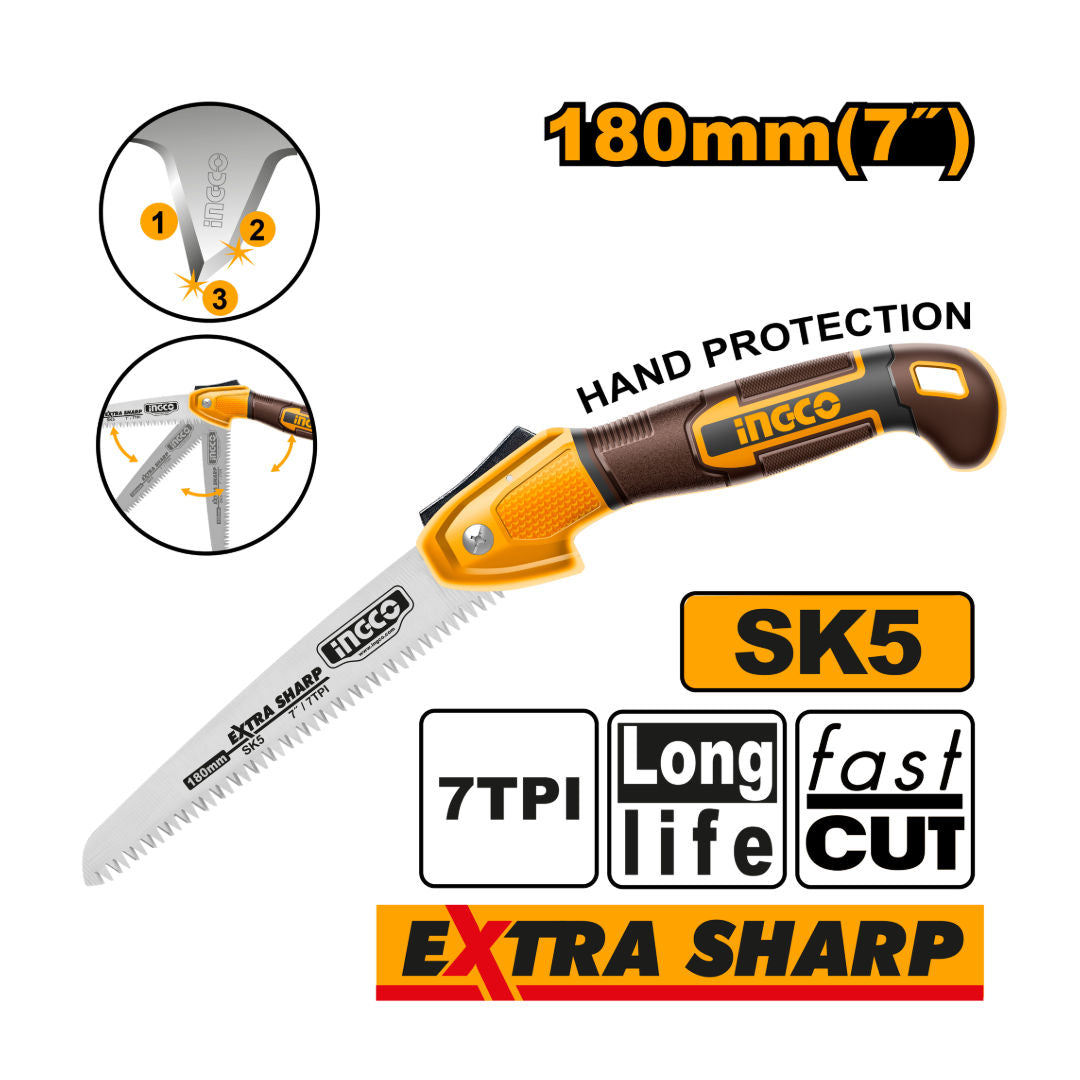INGCO Folding Saw 7″ 180 mm, SK5 Blade, 7 TPI Triple-Ground Teeth, Safety Lock
