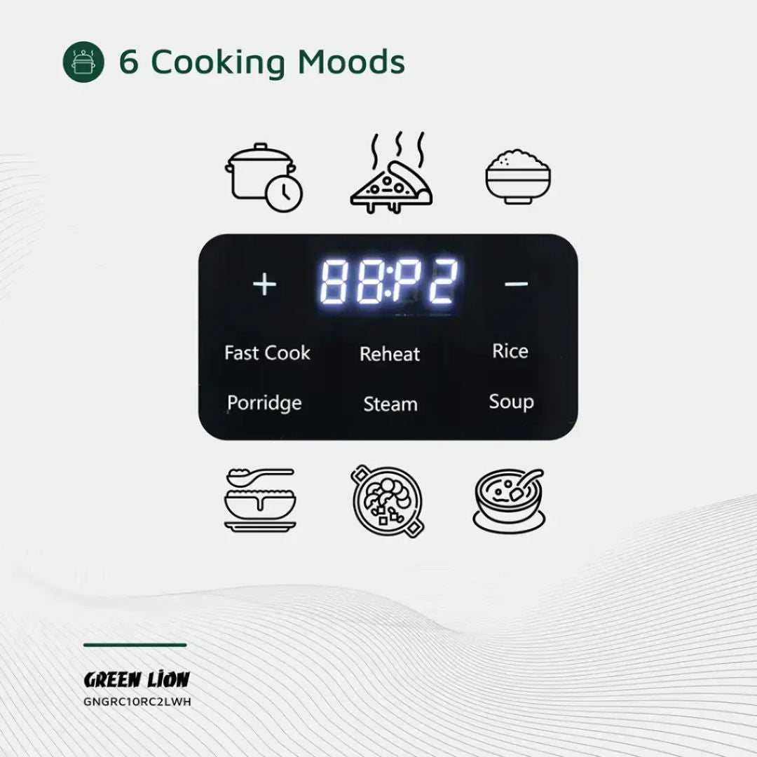 Green Lion GRC 10 Digital Rice Cooker 2L, Multi-Function Smart Cooker, White