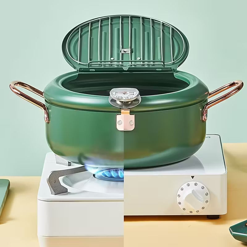 Mini Deep Fryer Pot with Integrated Thermometer & Oil Drain Rack (Green)