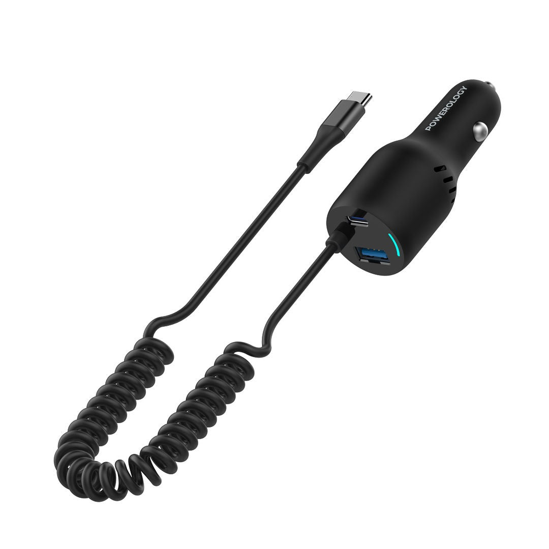 Powerology PD45W+QC18W+Type C, Cable 35W LED Dual Ports Car Charger With Coiled Cable, Black