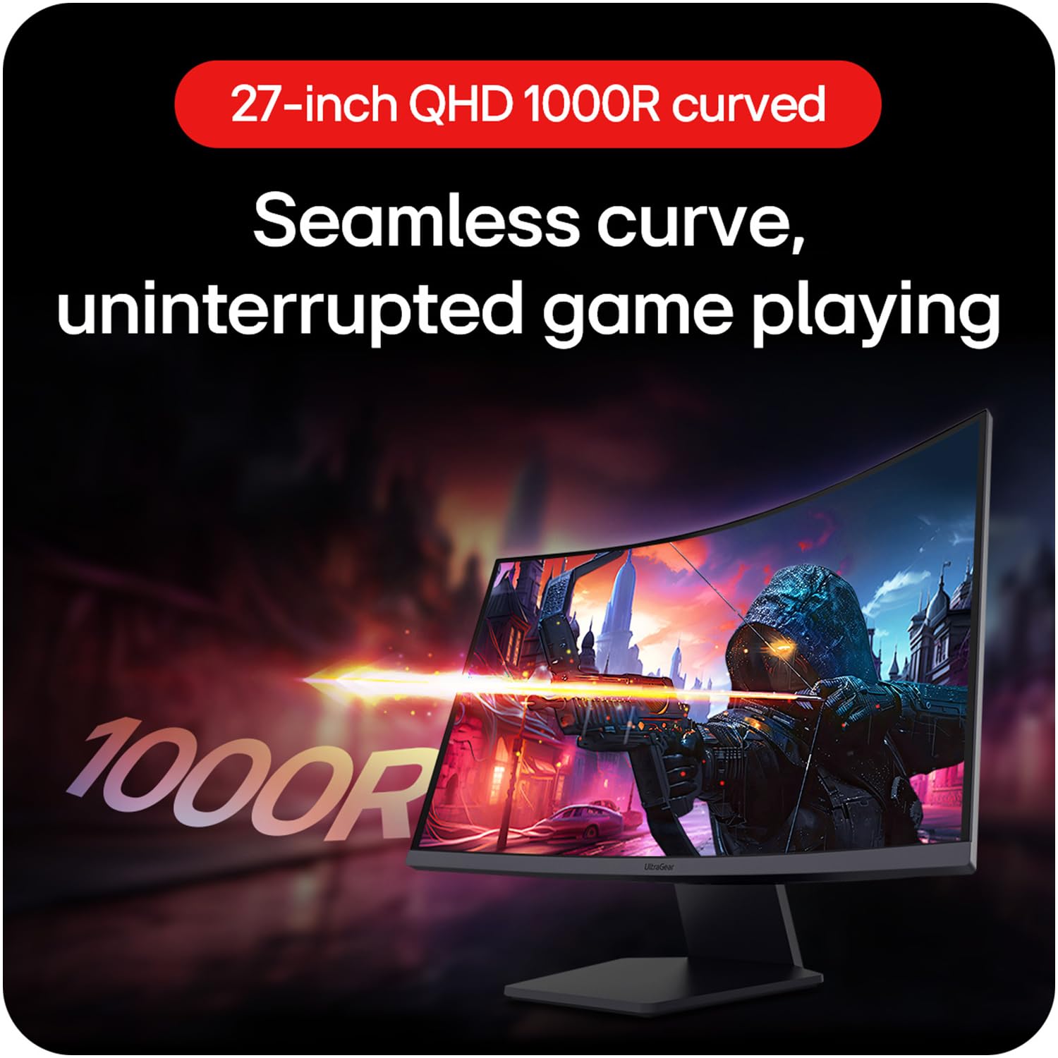LG UltraGear 27GS60QC-B 27 Inch Curved Gaming Monitor, QHD 2560×1440, 180Hz, 1ms, HDR10, AMD FreeSync, 1000R Curved