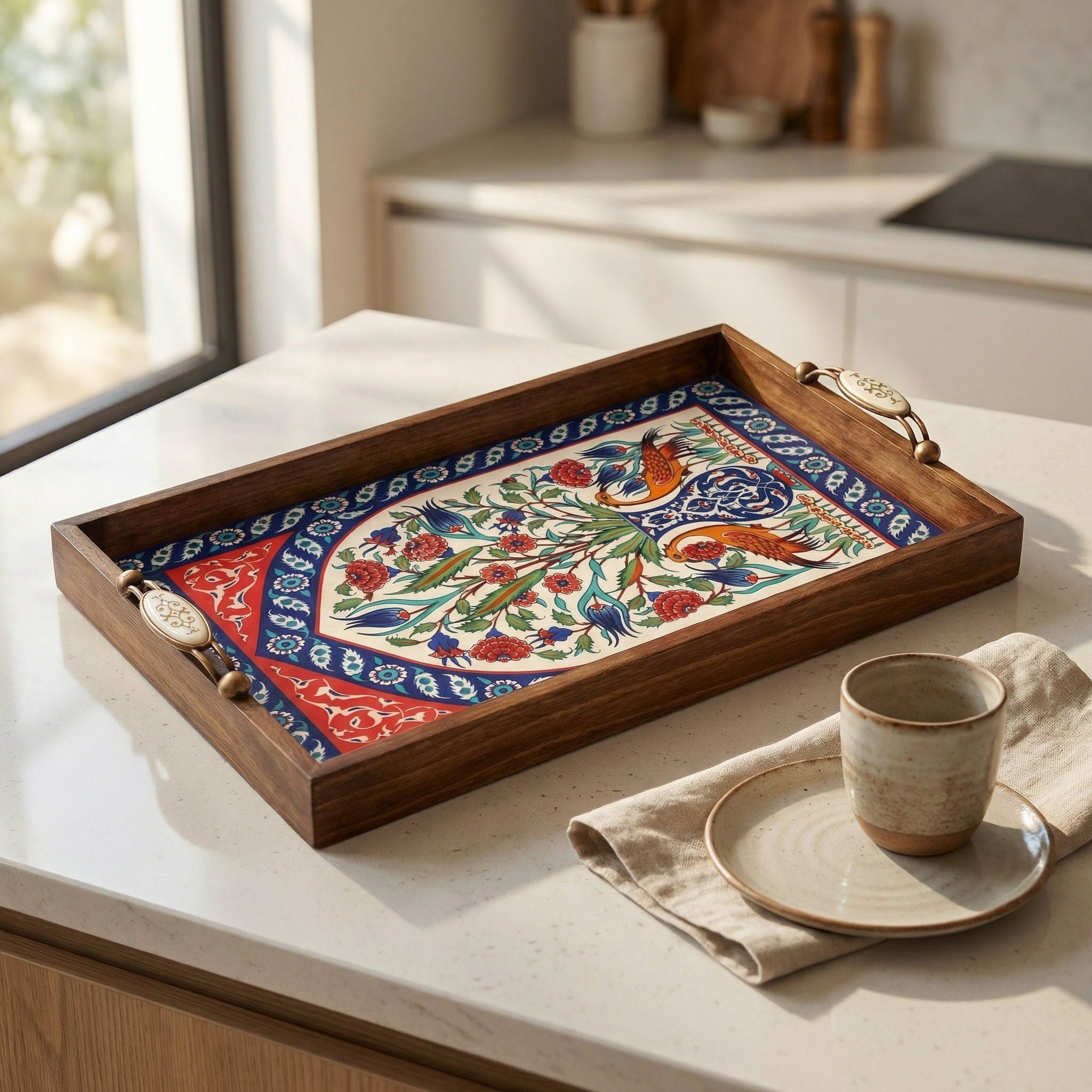 Handmade Wooden Serving Tray with Turkish Ceramic Tile Decor