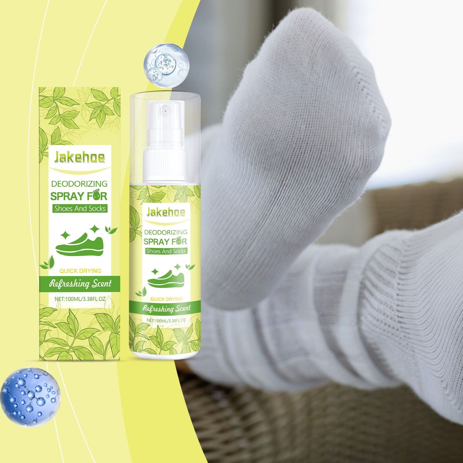 Antibacterial Shoe and Sock Deodorant Spray, Fresh Green Tea Fragrance, Odor Eliminator ,100ml