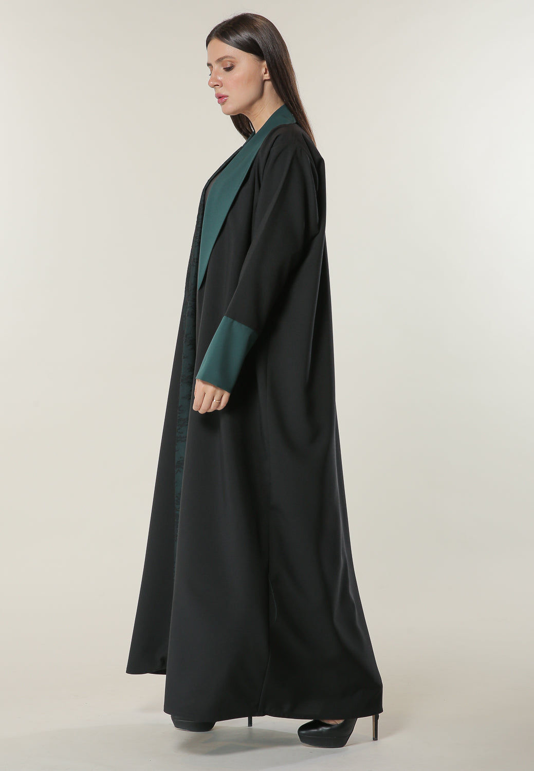 MOiSTREET Black Abaya with Contrast Panels Overlaid with Net Lace