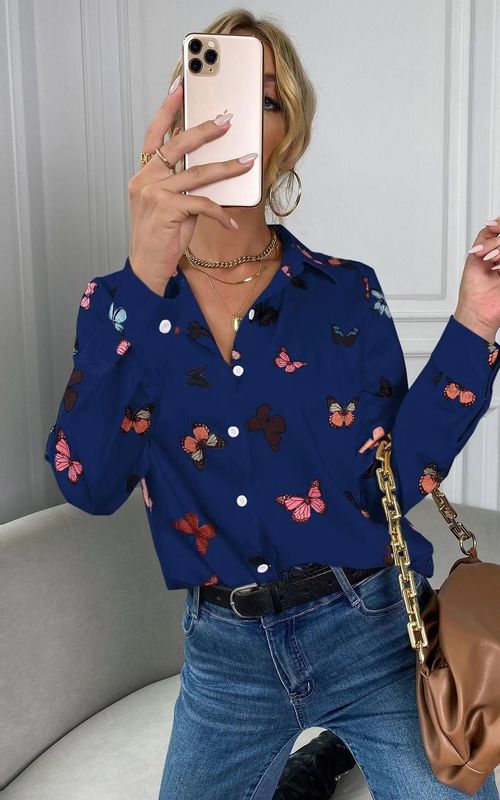 Women's Butterfly Print Digital Print Long-Sleeve Shirt