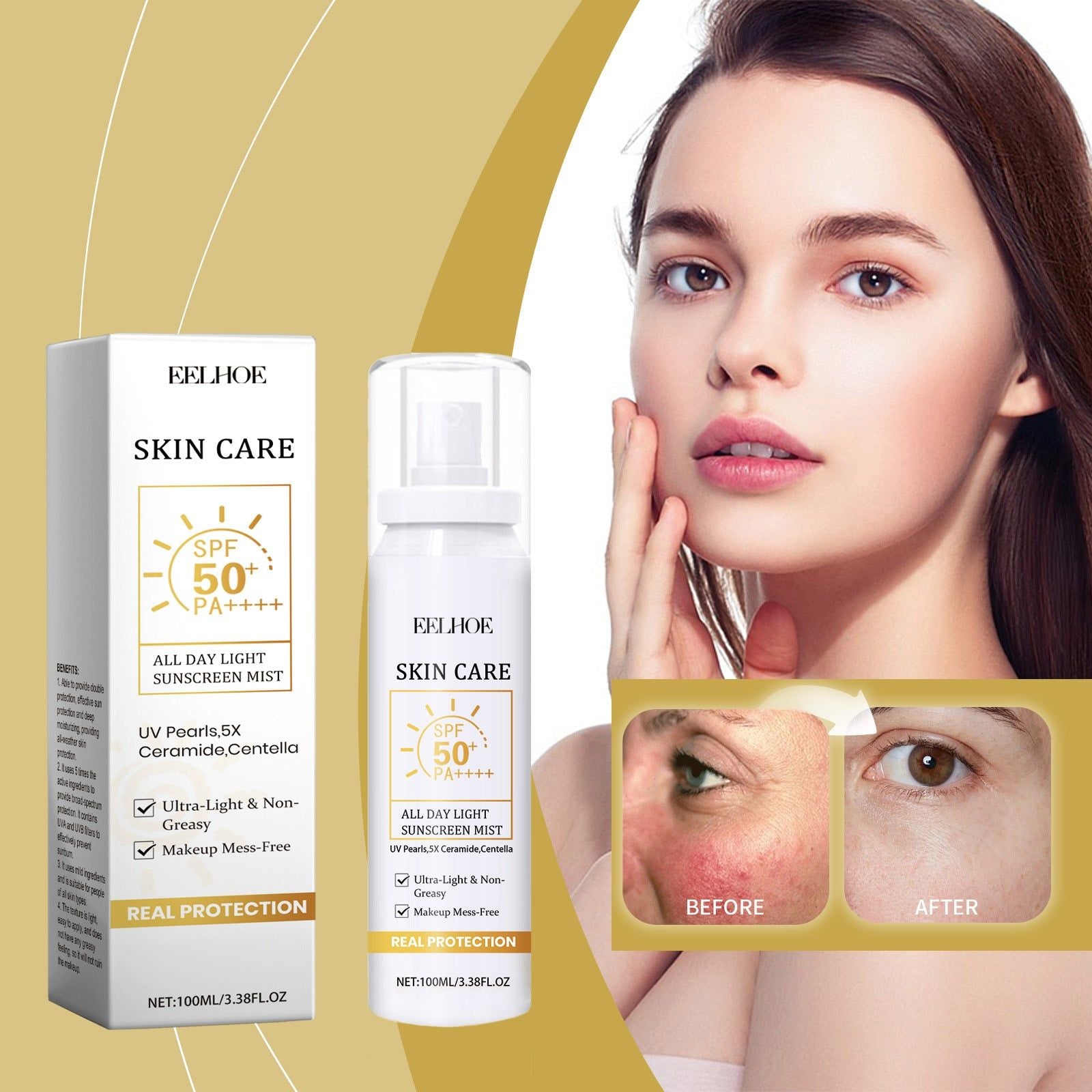 All Day Light Sunscreen Mist, Hydrating Moisture Protection, SPF 50, Skin Repair ,100ml