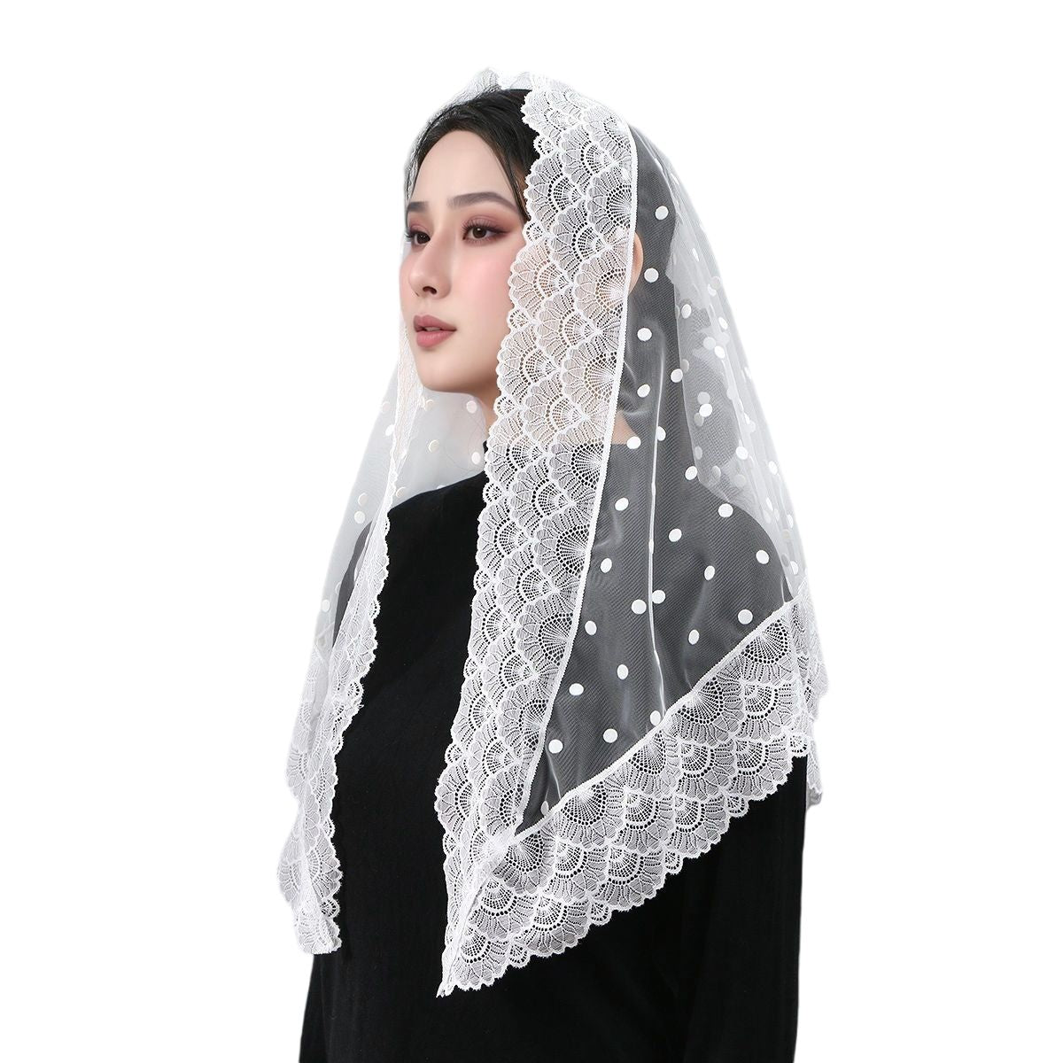 Vintage White Lace Polka Dot Hijab Scarf Bridal Veil for Women