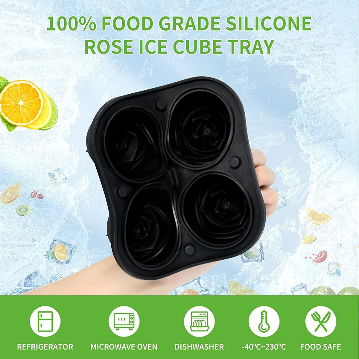 4 Cavity Ice Cube Trays 3D Silicone Rose Ice Tray Mold With Removable Funnel-Shaped Lid