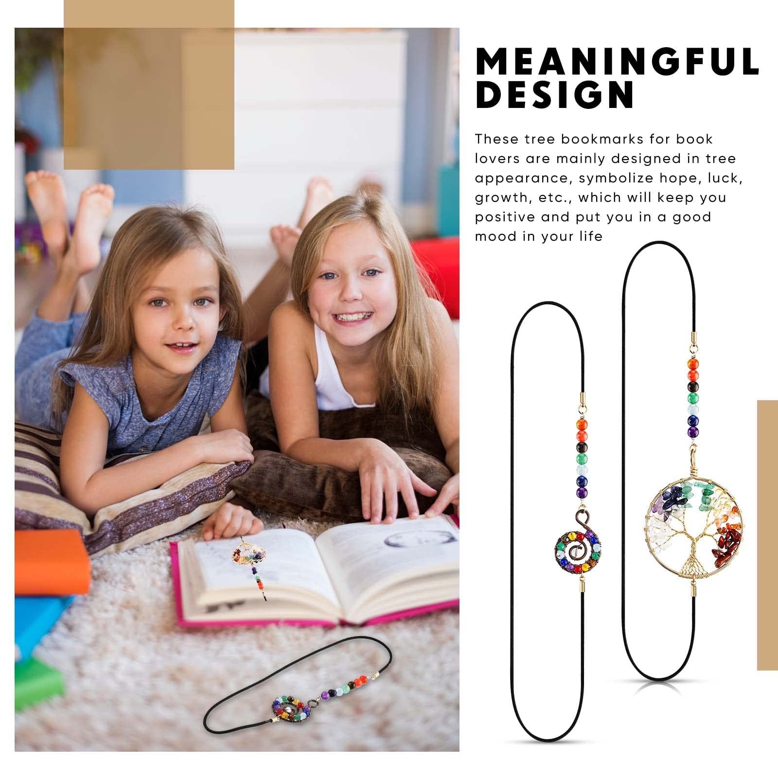 4Pcs Elastic Bookmarks Vintage Handmade Page Marker With Chakra Tree Pendant