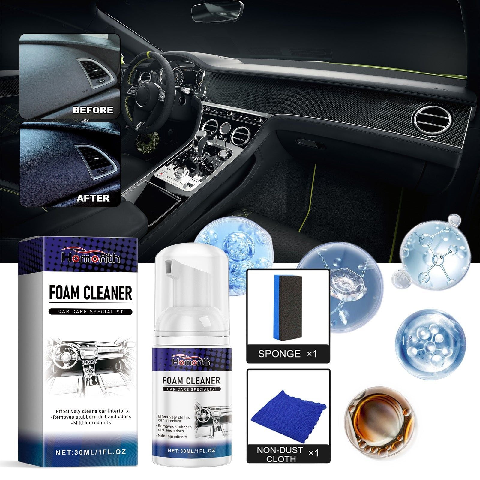 Car Interior Cleaner, Fast Car Maintenance, Decontamination, Brightening, Easy to Use ,1set