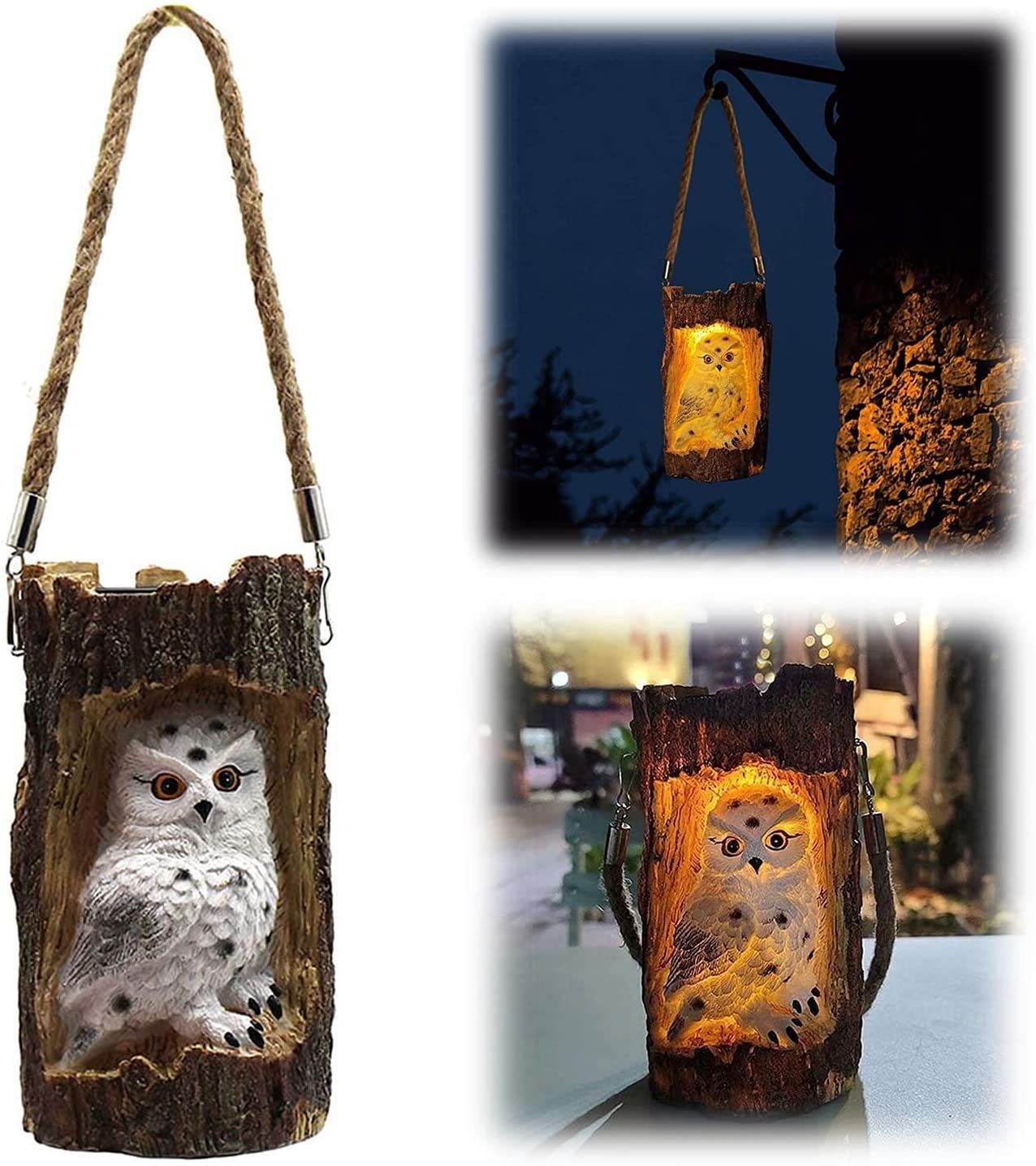 Solar Hanging Light Owl Tree Stump Lamp Lanterns Animal Statue Lanterns Garden Decoration