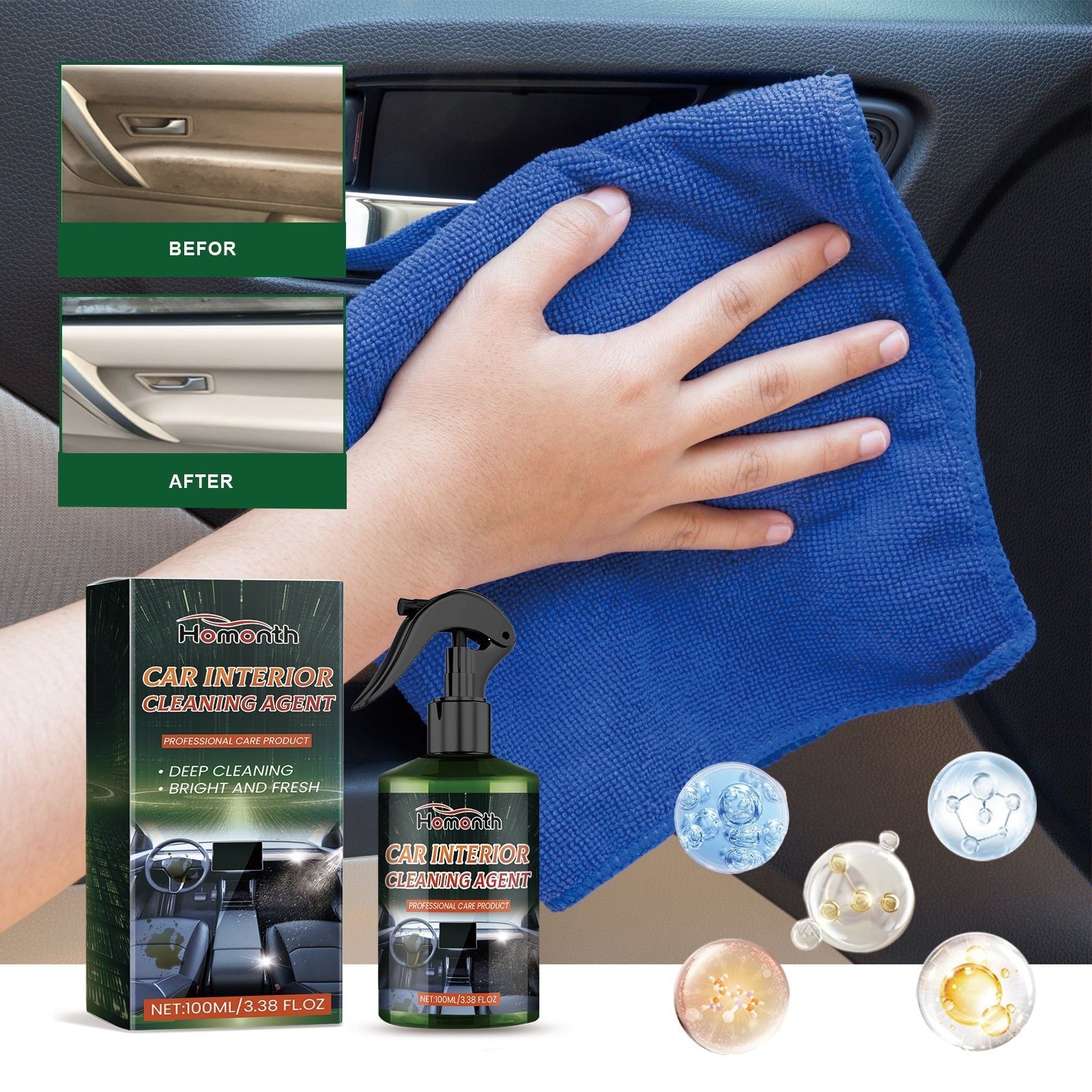 Car Interior Cleaner, Multi-Functional Decontamination, Odor Removal, Quick & Safe Cleaning ,100ml