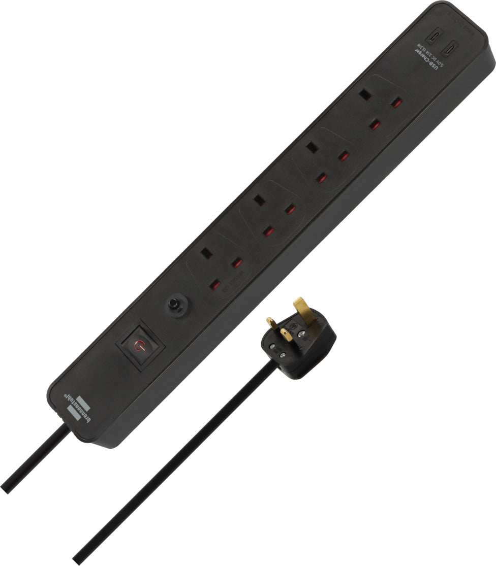 Brennenstuhl 1153243106 Ecolor 4Way 3M كابل تمديد ، 2 منافذ USB C ، مصهر أمان ، أسود