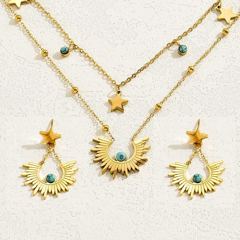 Star Moon Double Layer Necklace Earrings Set For Women