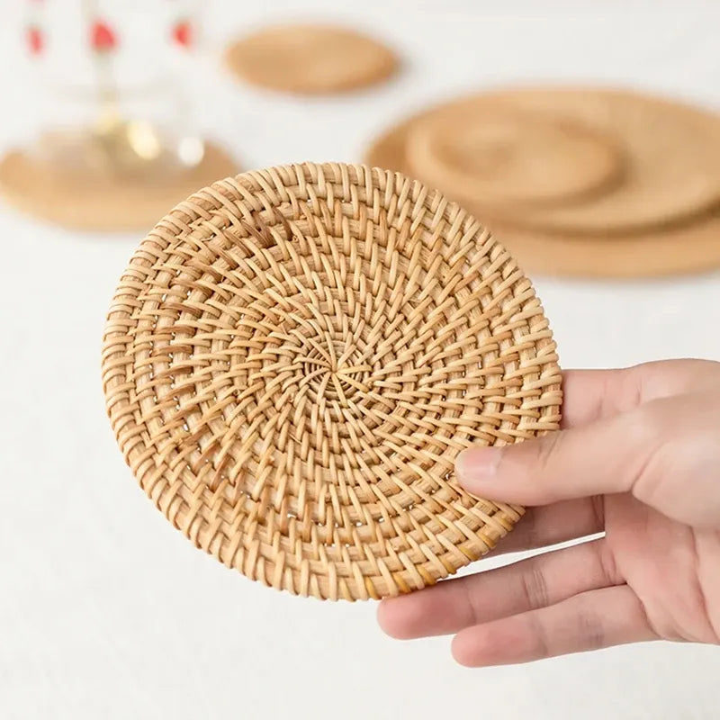 6 Pack Rattan Table Mats Round Placemat Coffee Cup Pad Handmade Woven Insulation Heat Coasters