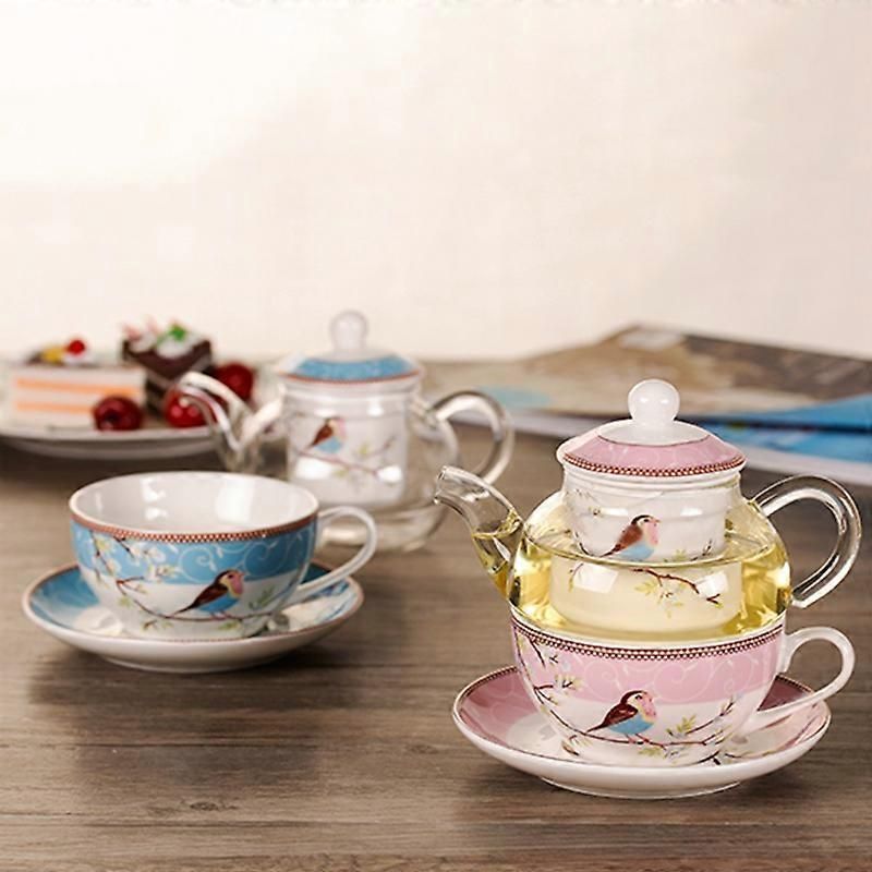 Ceramic Flower Teapot Flower Bird Cup Saucer Heat-Resistant Glass Pot Set Coffee Cup Afternoon Tea Tea Set Pink