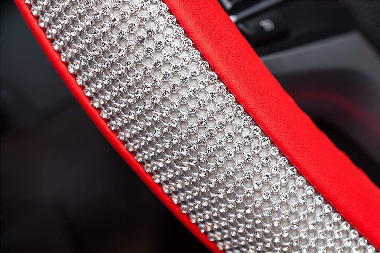 PU Leather Steering Wheel Cover Protector with Bling Crystal Rhinestones for 15 Inch