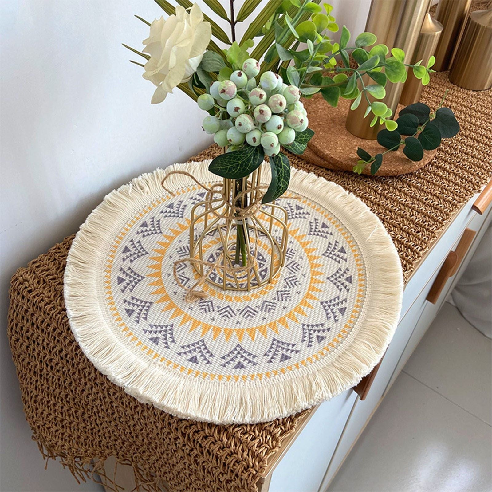 3pcs Boho Round Placemat Cotton Woven Macrame Tassels Table Mats Home Decor