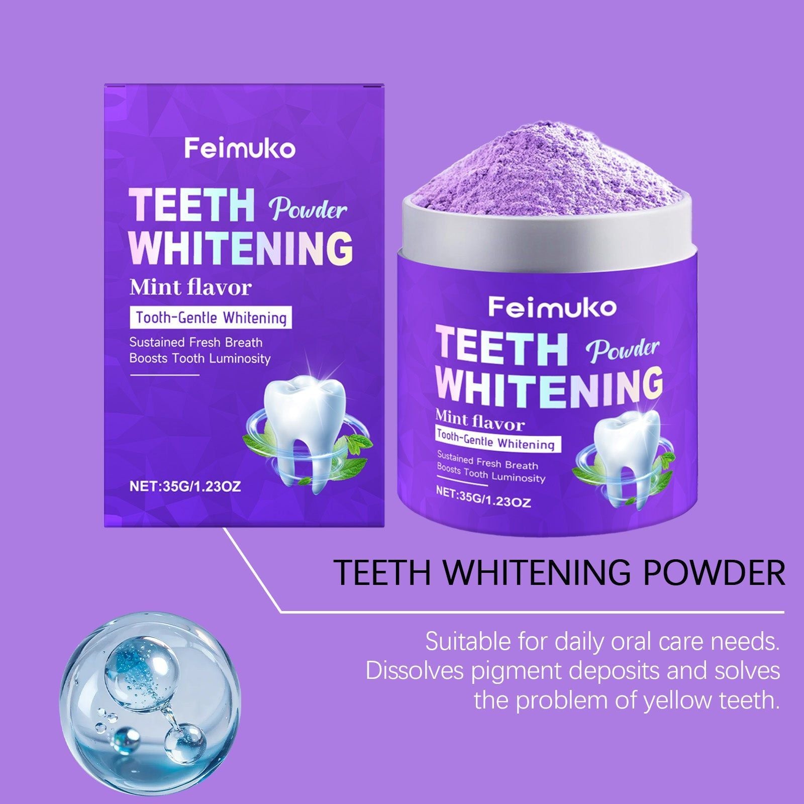 Brightening Dental Care Tooth Powder, Fresh Breath, Gentle, Portable, Stain Remover ,35g