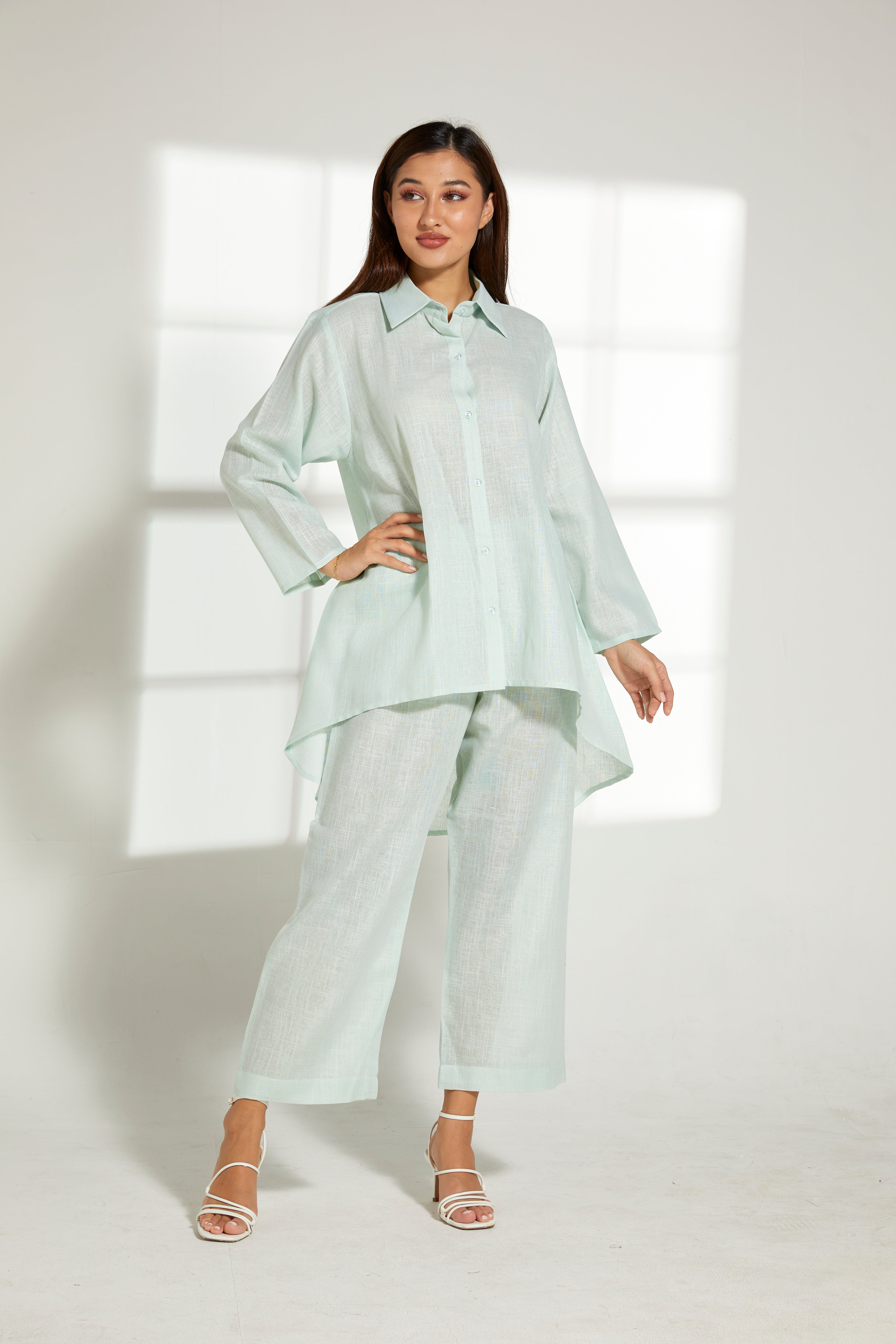 MOiSTREET Sea Green Linen Fabric Top and Pants Set