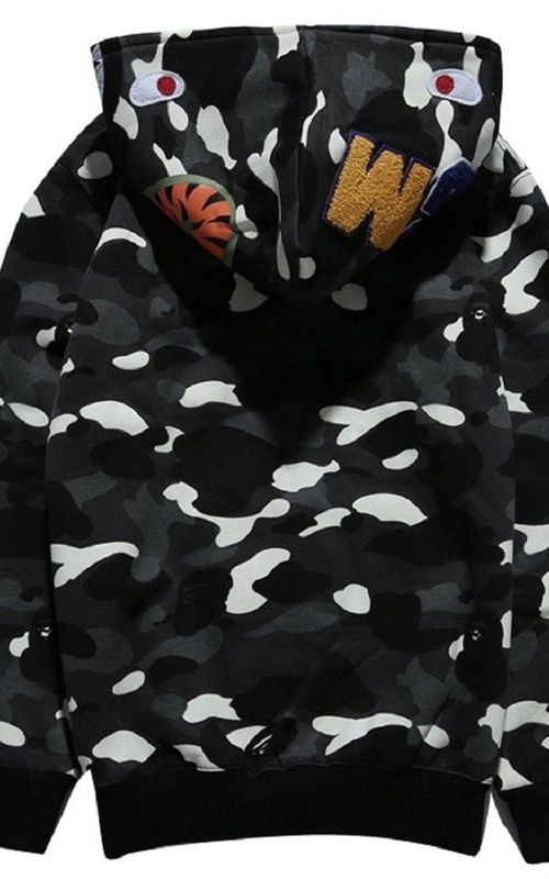 Shark Head Camo Hoodie Men Long Sleeve Zip Up Sweatshirt Hip Hop Casual Thin Coat
