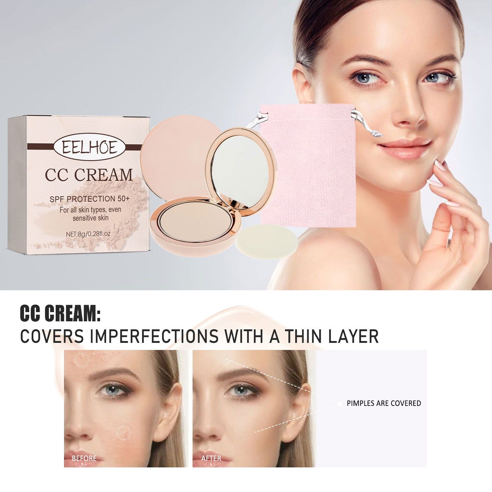 CC Cream Pressed Powder, Flawless HD Makeup, Skin Protection, Breathable, Long-lasting ,8g