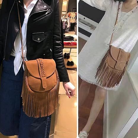 Women Faux Suede Leather Hobo Crossbody Bag Vintage Fringe Tassel Shoulder Bag