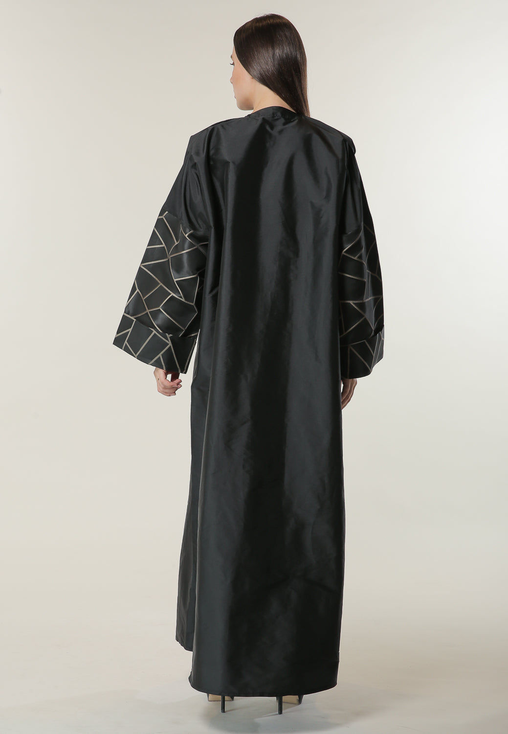 MOiSTREET Black Coat style Abaya with Jacquard Sleeves and Pipin