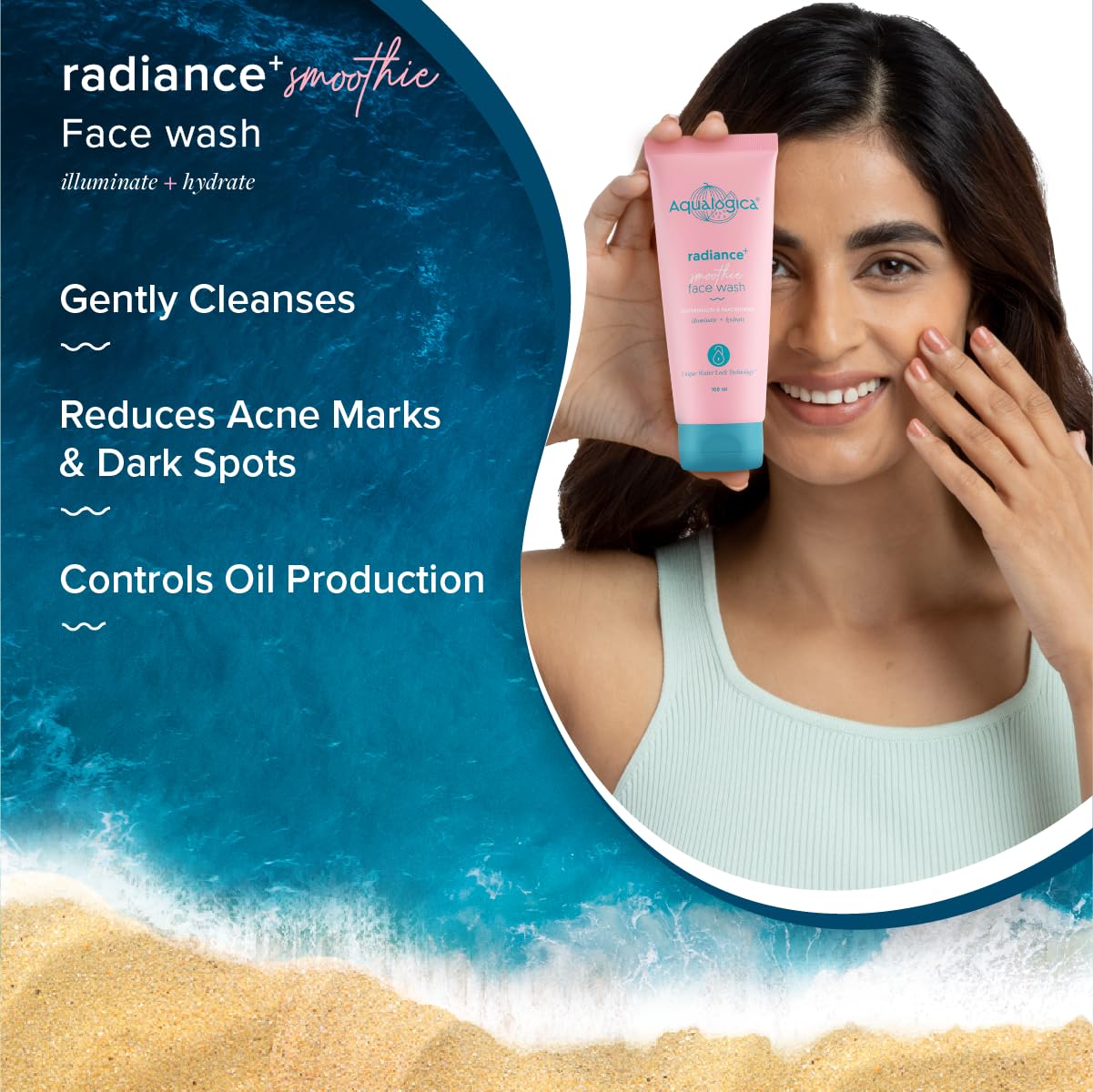 غسول الوجه Aqualogica Radiance+ Smoothie - بطيخ ونيكوتيناميد، يضيء البشرة، 100 مل