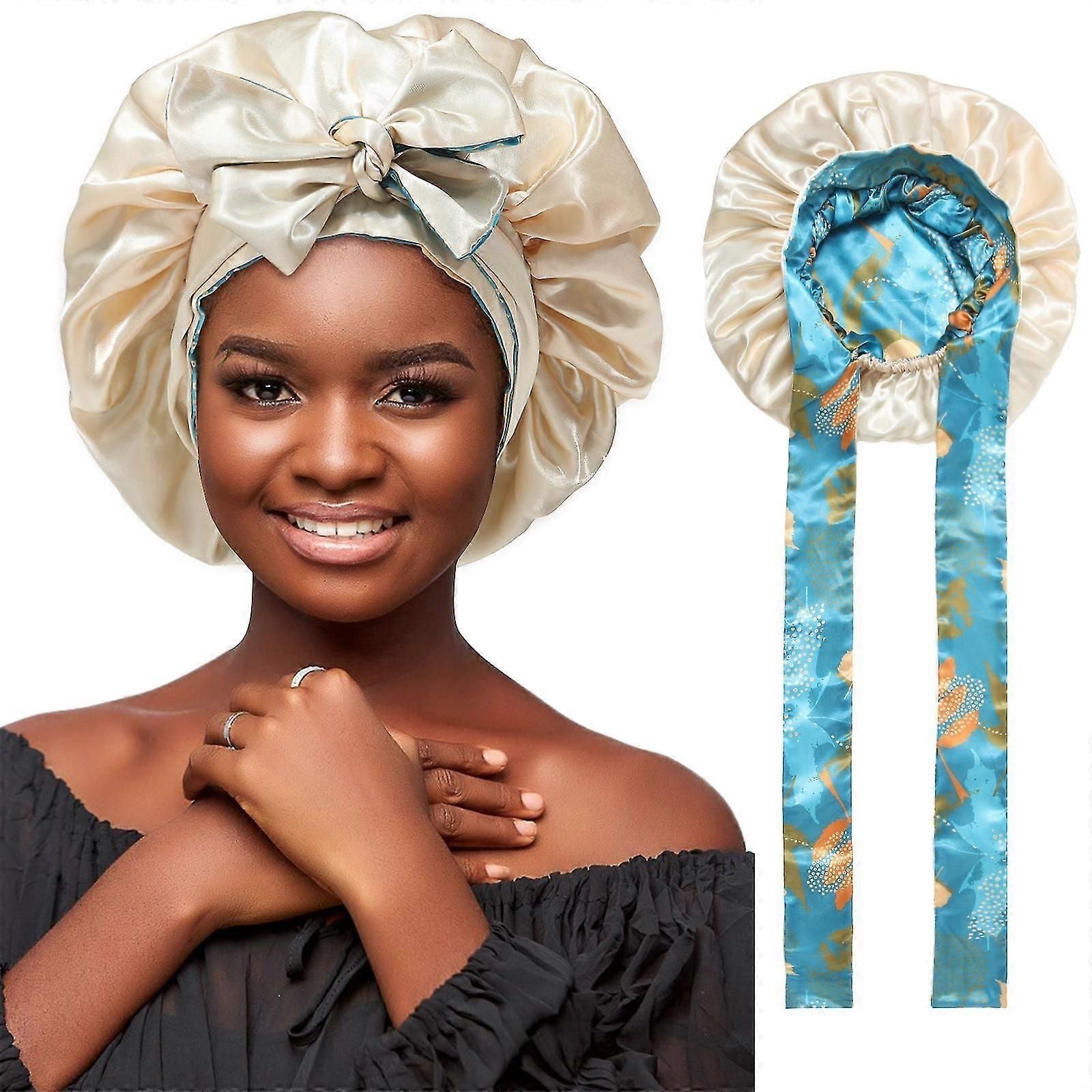 Double Layer Satin Bonnet Hair Wrap With Tie Band Night Cap For Women