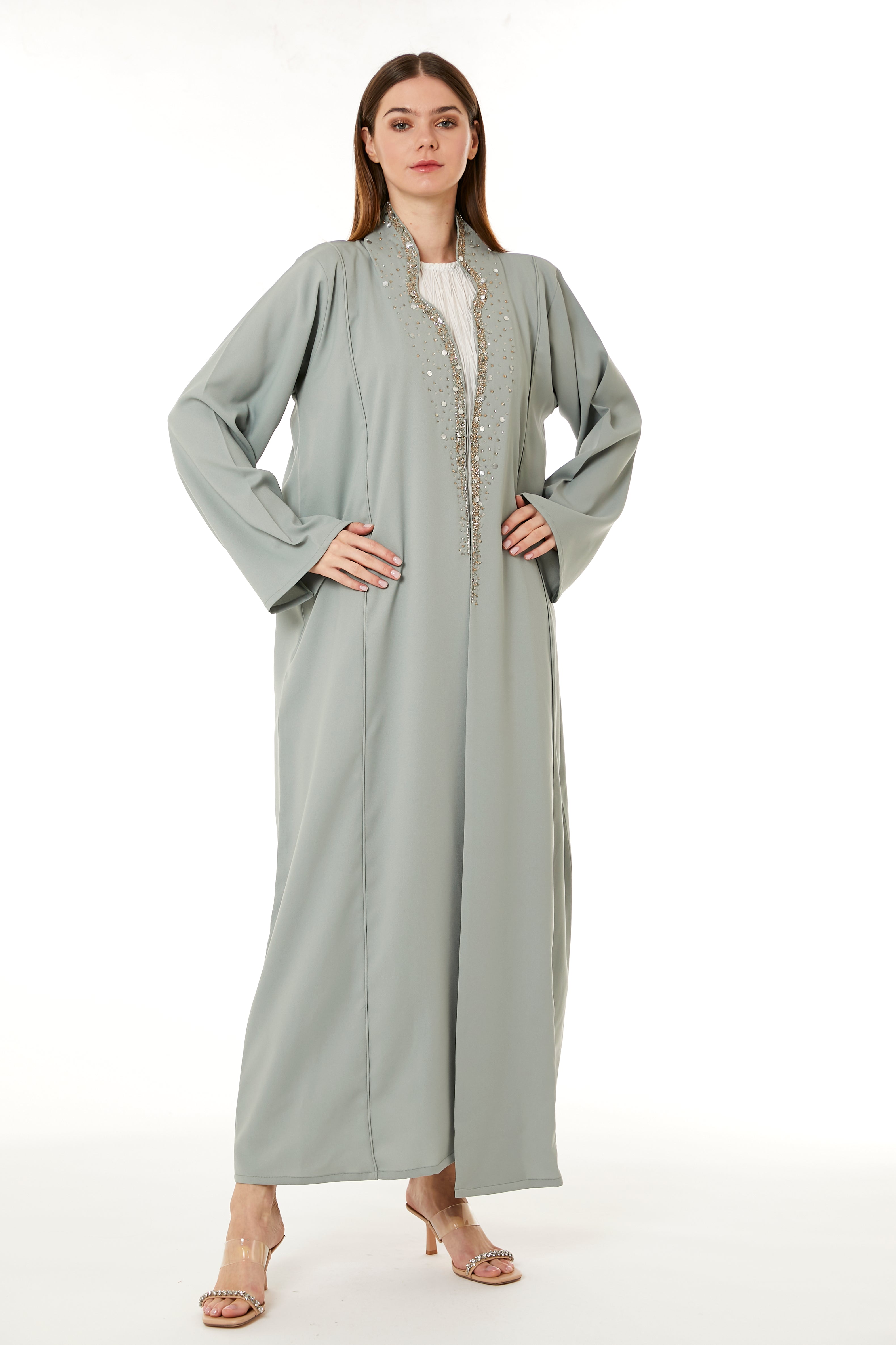 MOiSTREET Grey Indonesian Crepe Hand Embellished Abaya